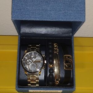 TRUE RELIGION MEN'S WATCH WITH BRACELETS SET TRUE RELIGION GOLD BLACK WATCH NEW